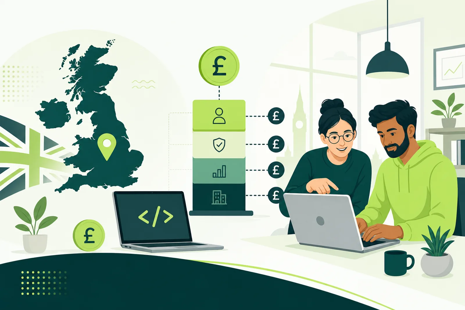 Illustration of UK tech talent costs: developers collaborating, pound symbols, and layered salary cost blocks in Votiq teal and lime