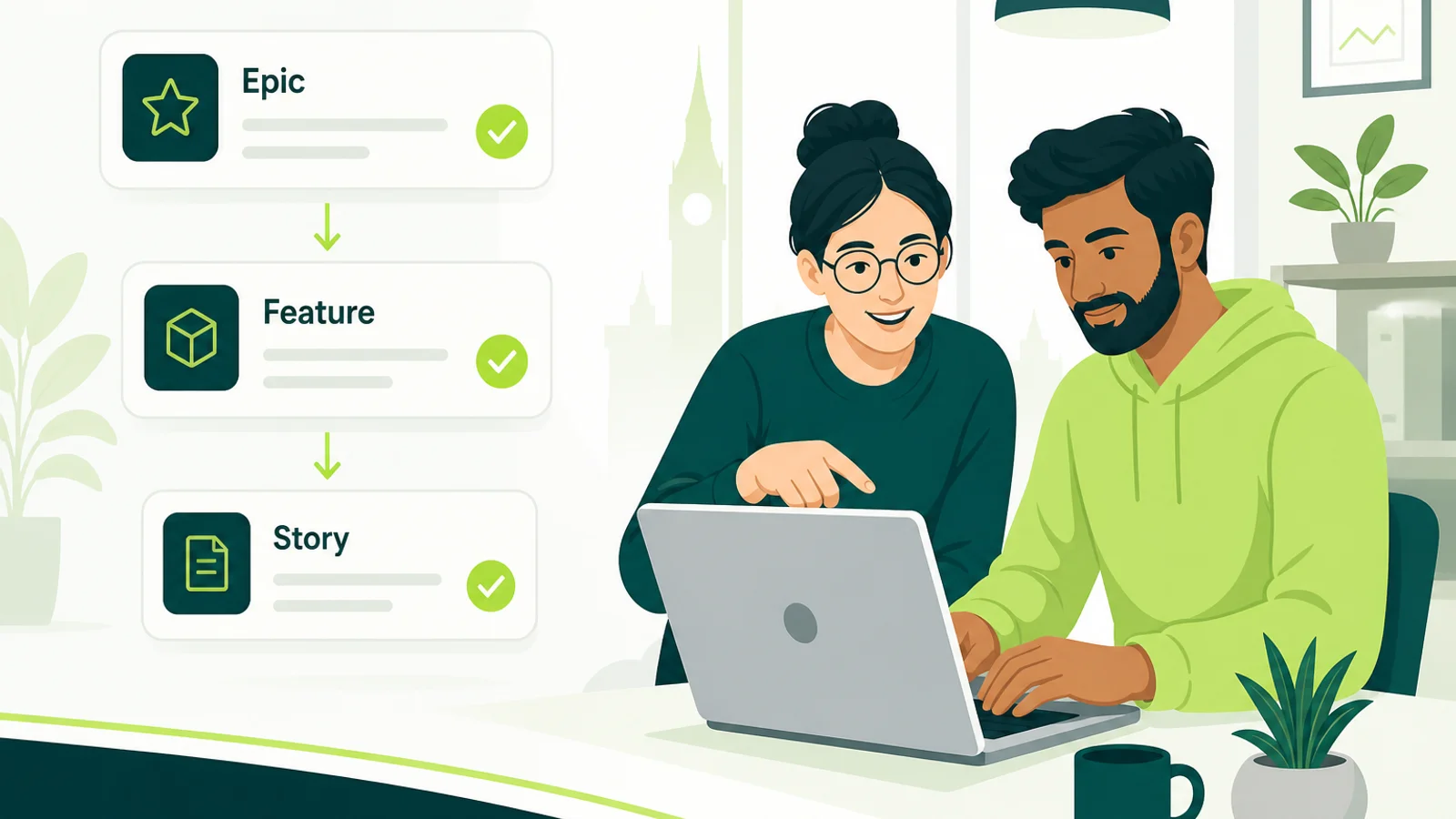 Maya Chen and James Okafor beside a hierarchy of epic, feature, and user story cards