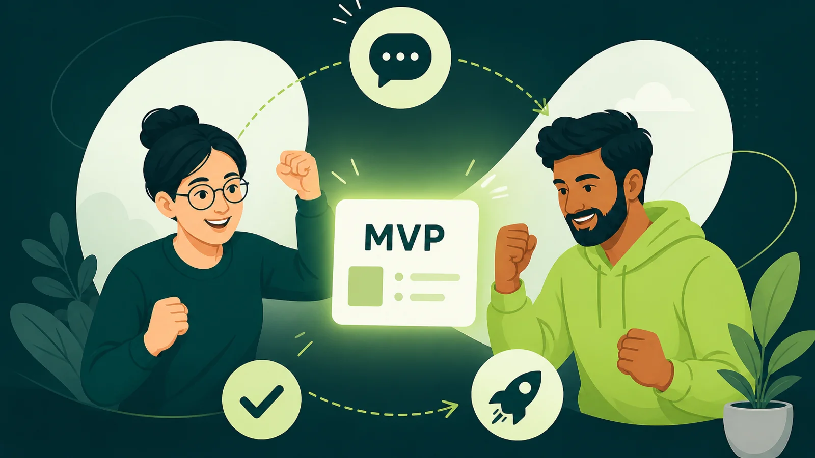 Maya Chen and James Okafor with an MVP product card and feedback-to-ship loop icons