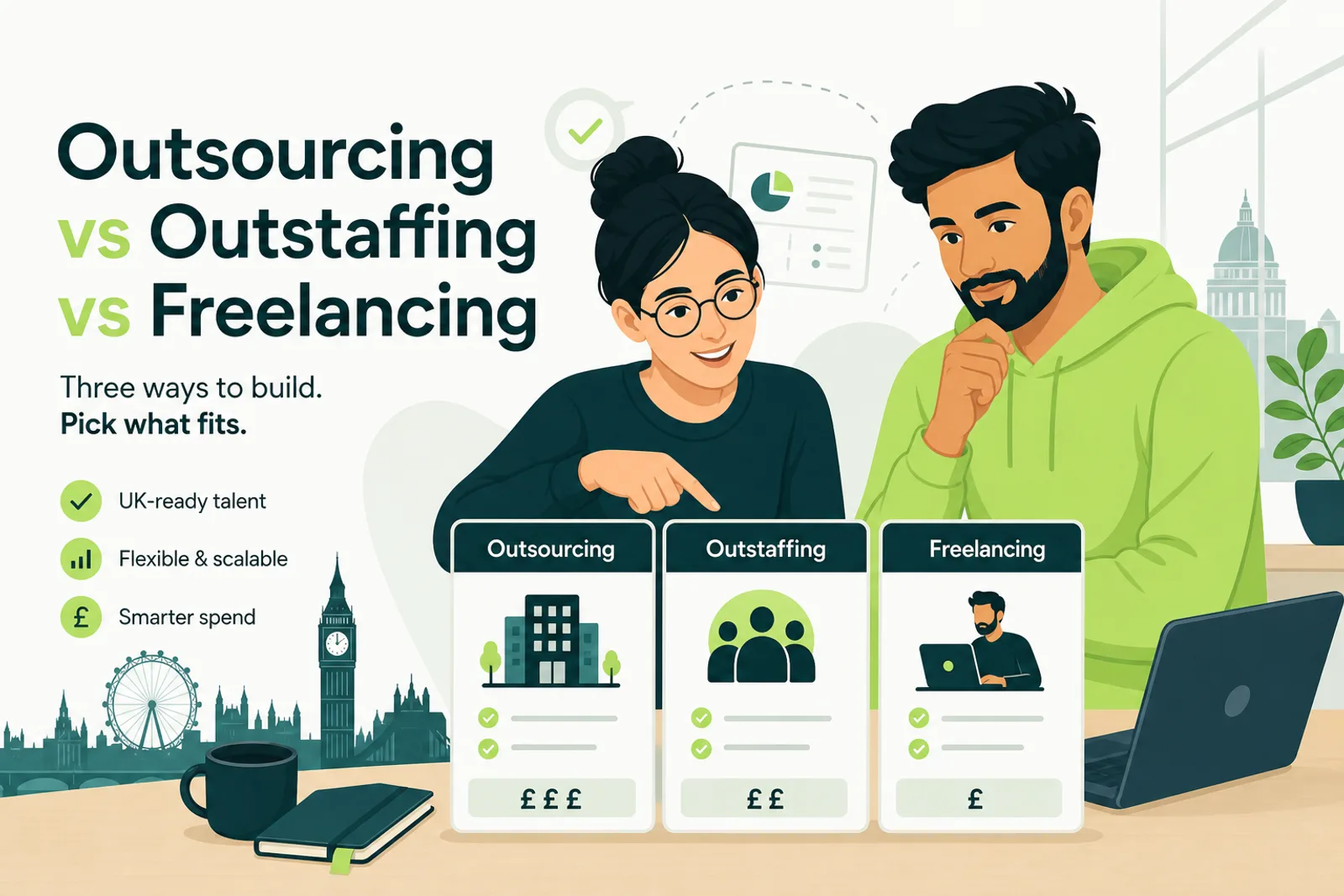 Maya Chen and James Okafor comparing outsourcing, outstaffing, and freelancing options for UK startups