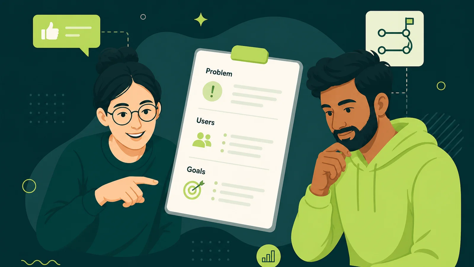 Maya Chen and James Okafor reviewing a product requirements document with feedback and roadmap icons