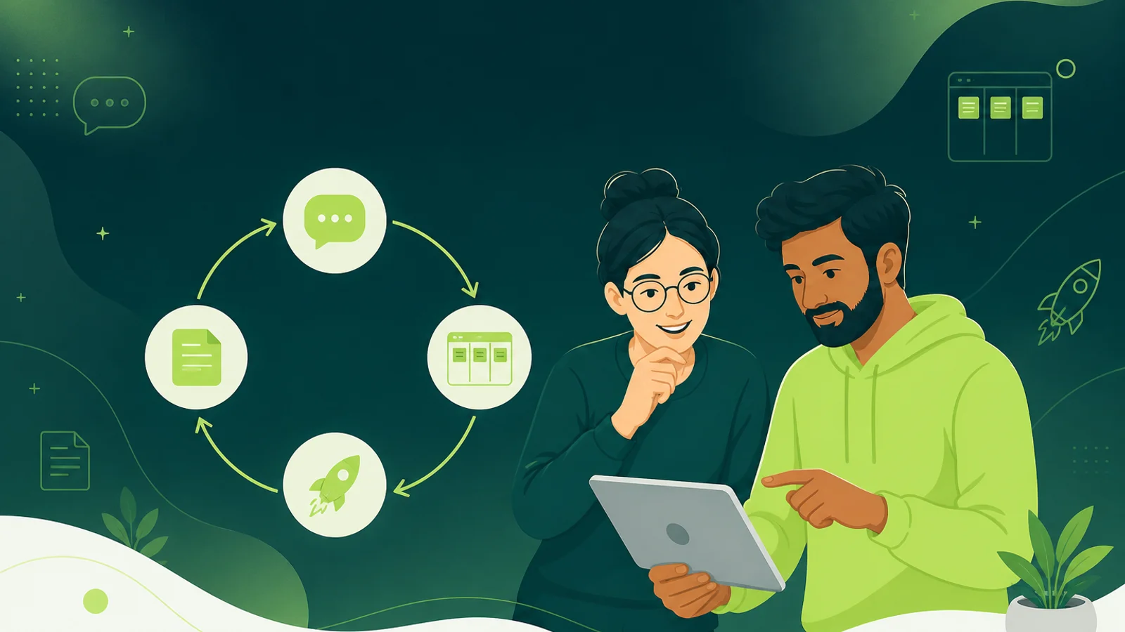 Maya Chen and James Okafor reviewing a SaaS product loop: feedback, roadmap, ship, and changelog