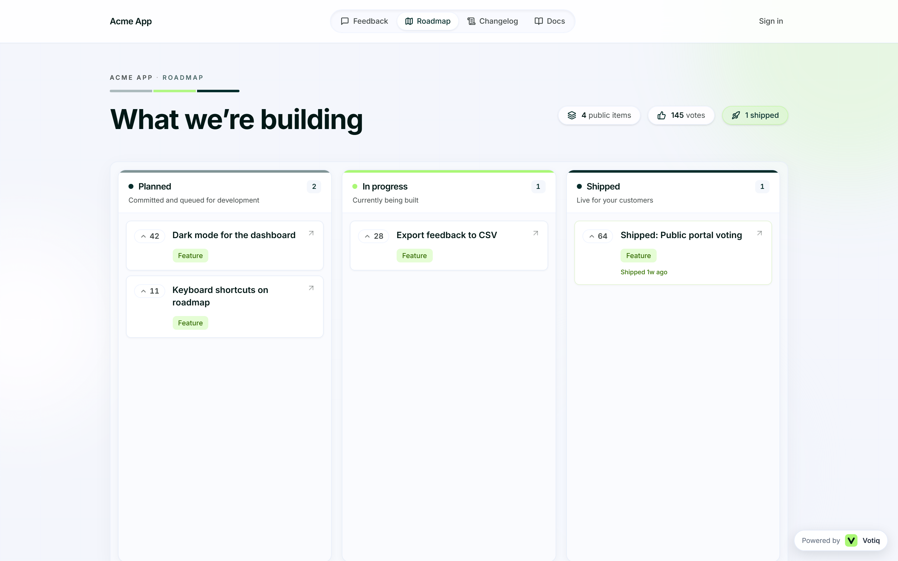 Feature voting on a transparent Votiq product roadmap
