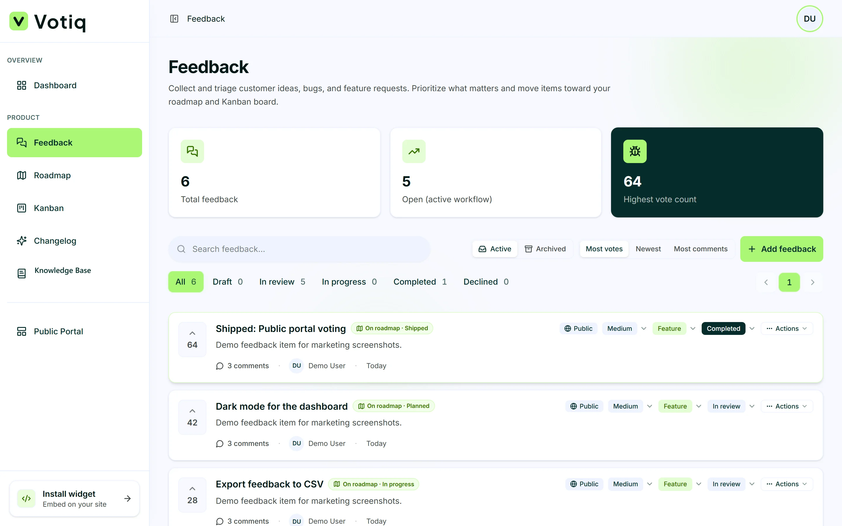 Votiq feedback board with search, filters, and request cards