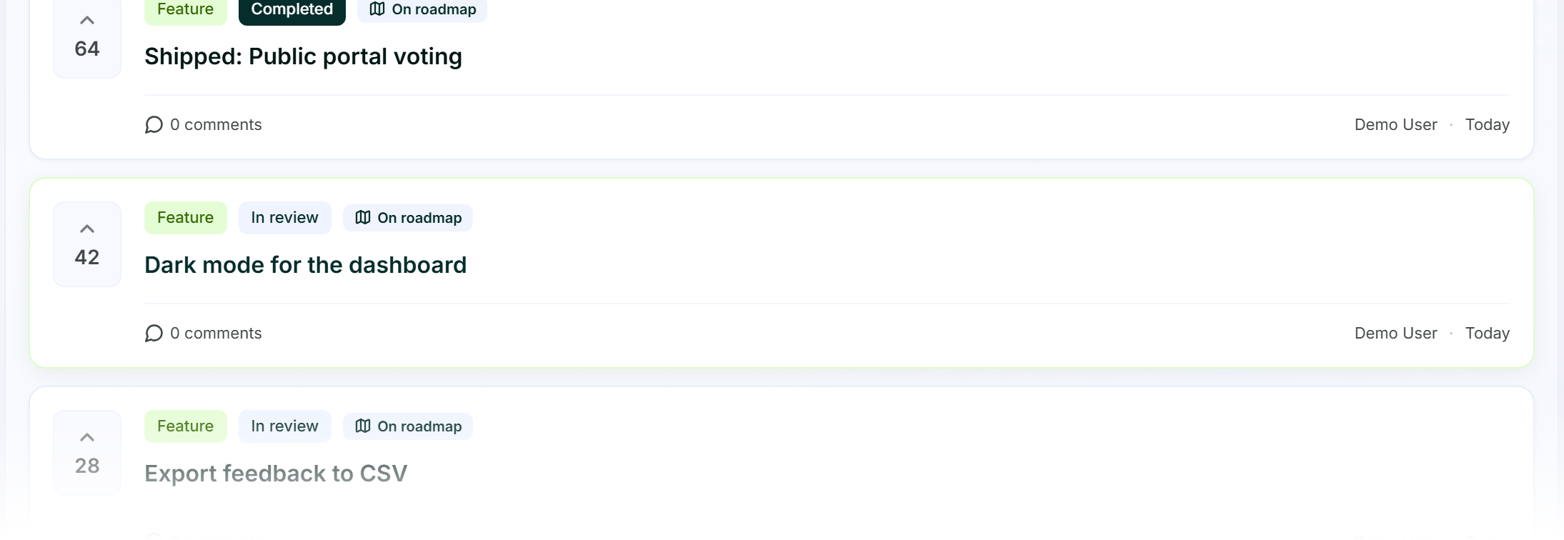 Three feedback records with upvote boxes and vote counts