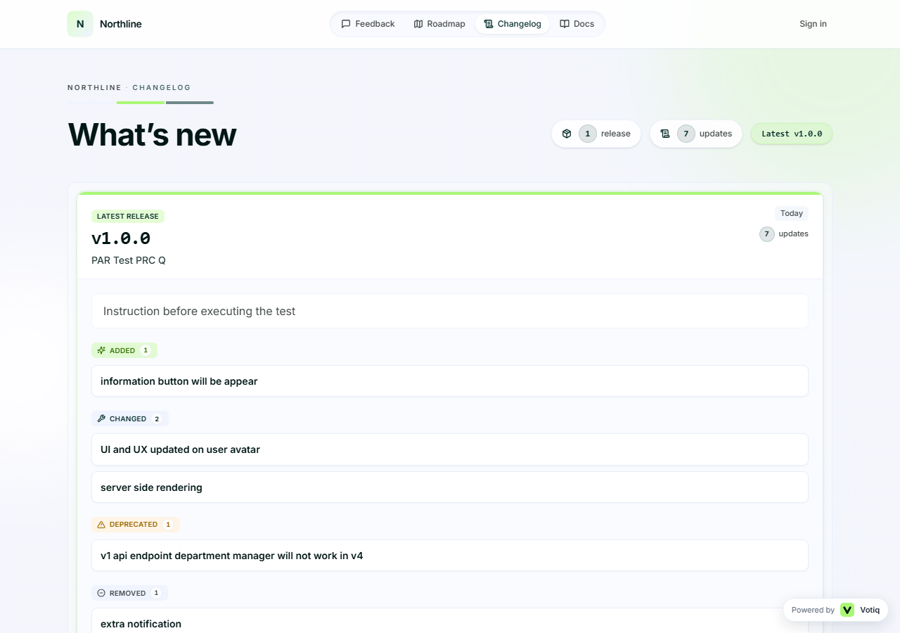 Votiq public changelog with What's new, versioned release, and Added Changed Fixed categories